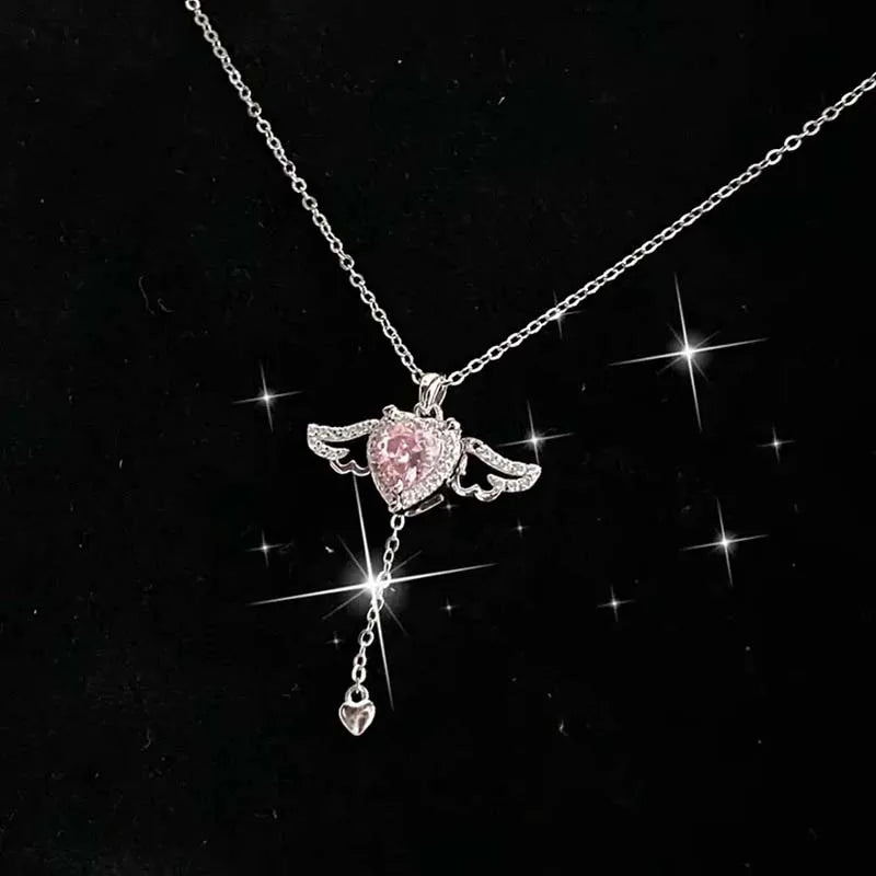 Korean Pink Crystal Angel Wing Heart Pendant Necklace.