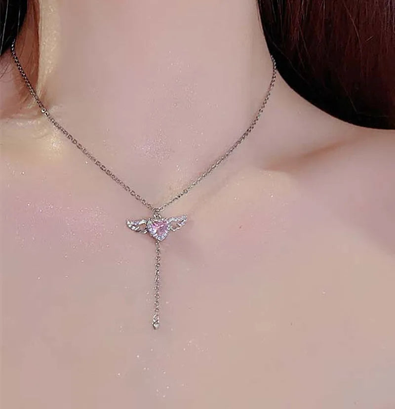 Korean Pink Crystal Angel Wing Heart Pendant Necklace.