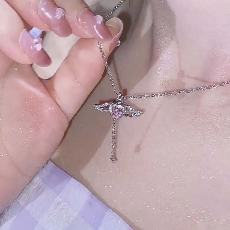 Korean Pink Crystal Angel Wing Heart Pendant Necklace.